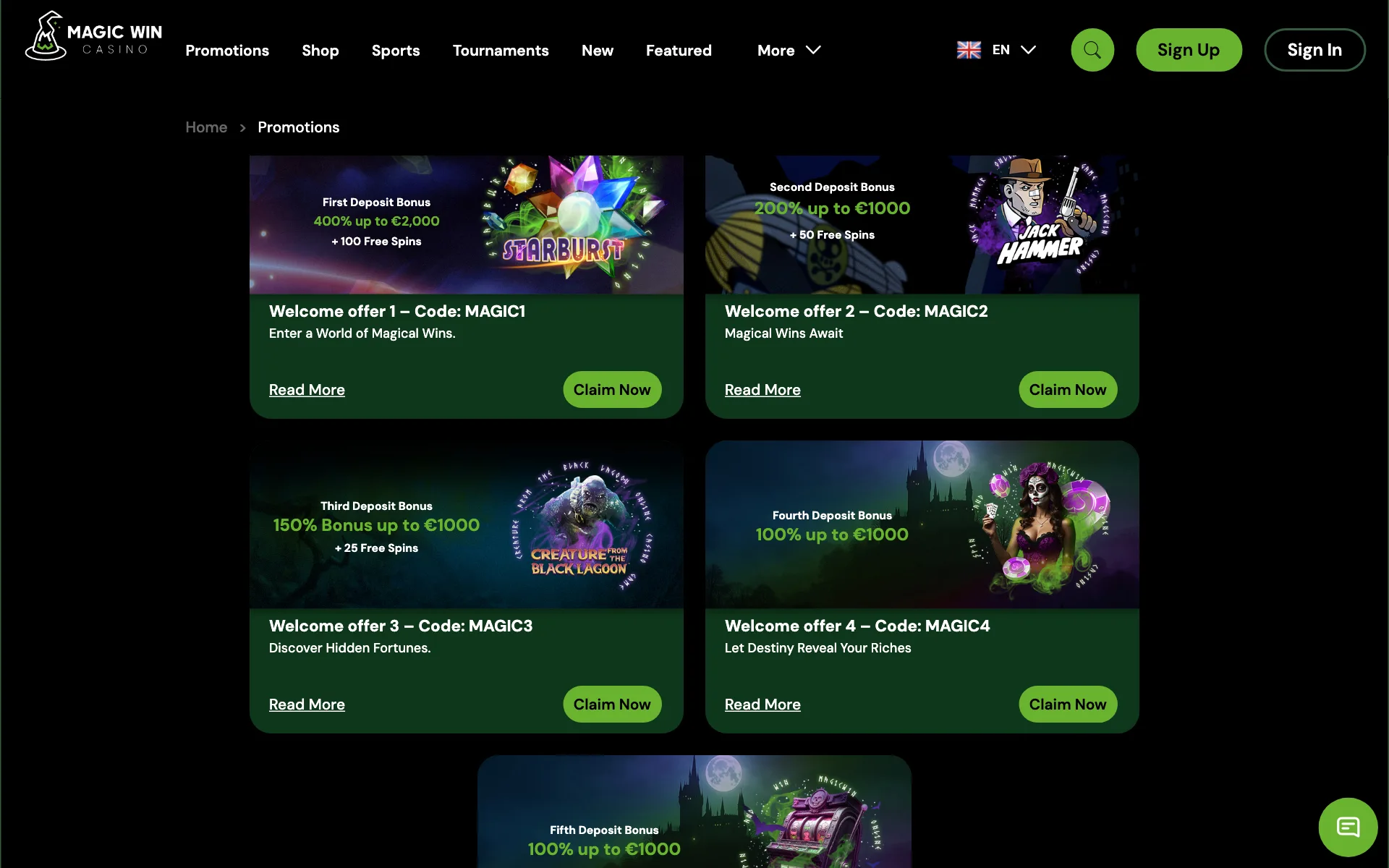 Magic Win promotions page with the MAGIC1 to MAGIC4 welcome cards