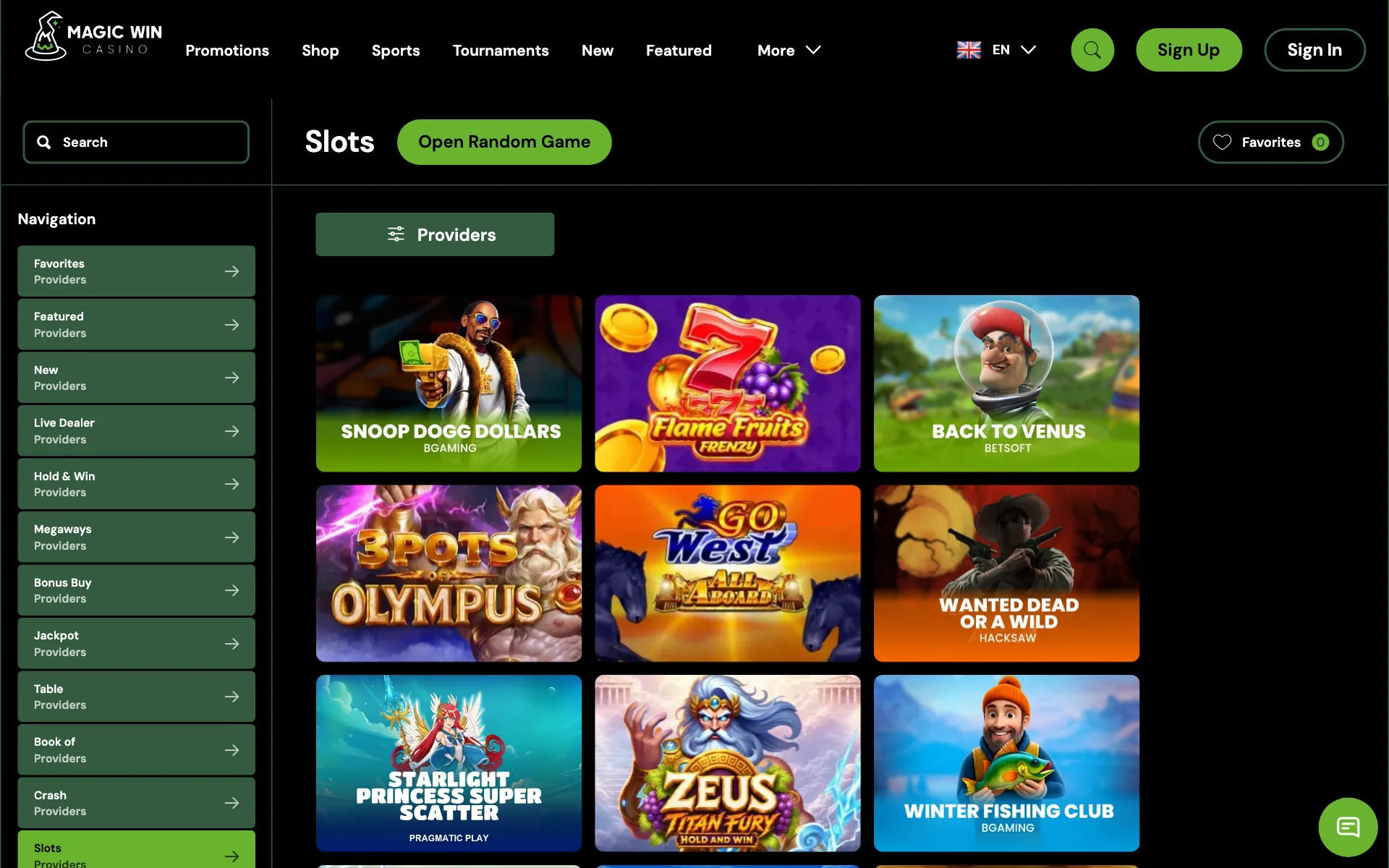Magic Win slots lobby with the providers filter and game tiles