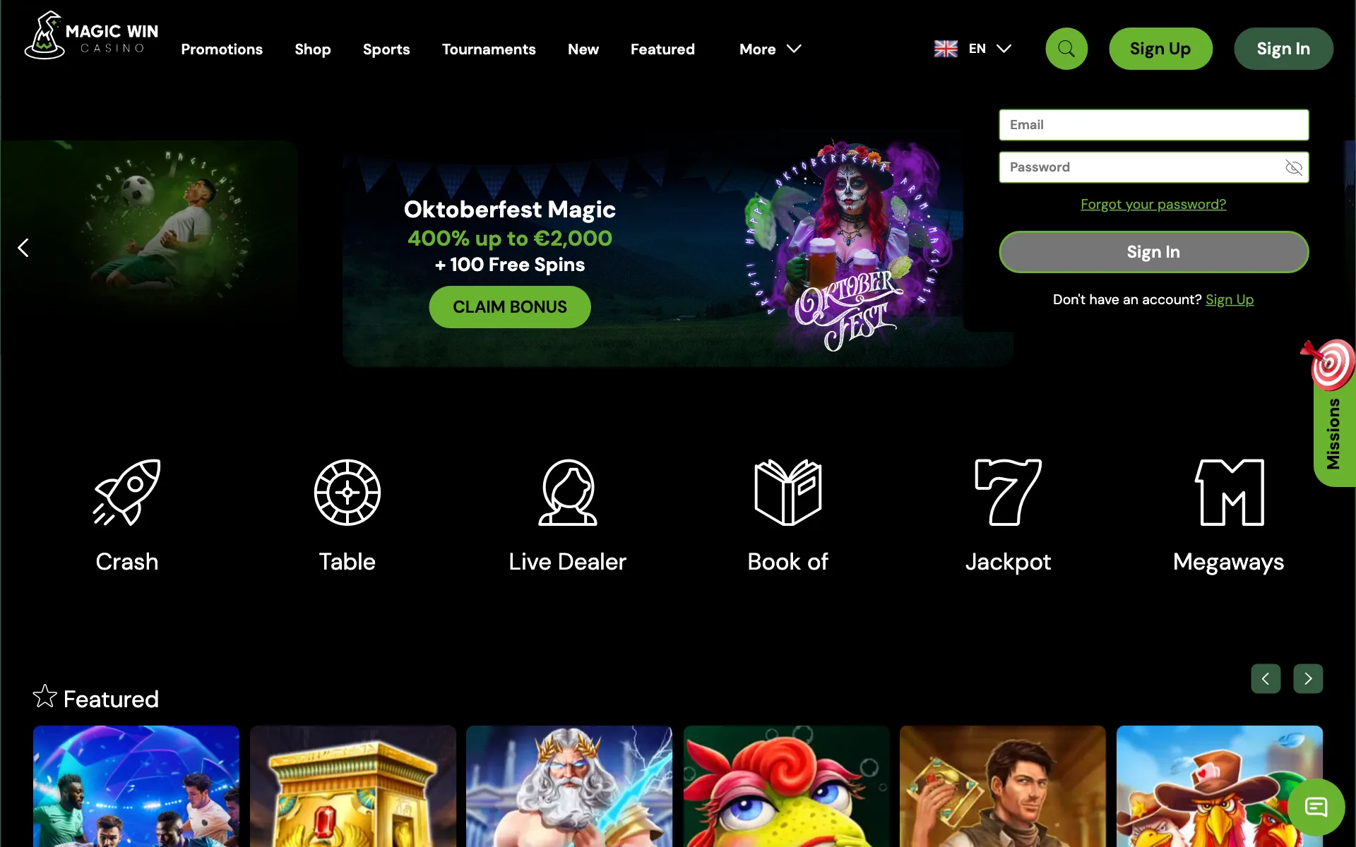 Magic Win sign-in form over the home page
